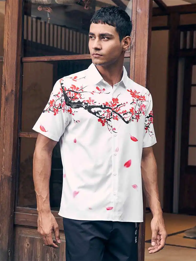 

CharmkpR Stylish Well Fitting New Men's Tops Plum Blossom Printing Lapel Blouse Casual Streetwear Male Short Sleeve Shirts S-2XL