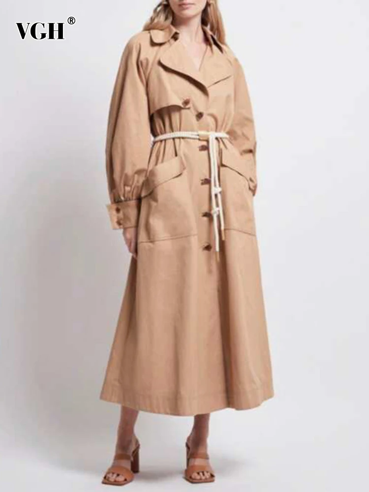 

VGH Trench Coat For Women Lapel Long Sleeve Single Breasted Colorblock Drawstring Loose Windweark Female Autumn Clothing Fashion