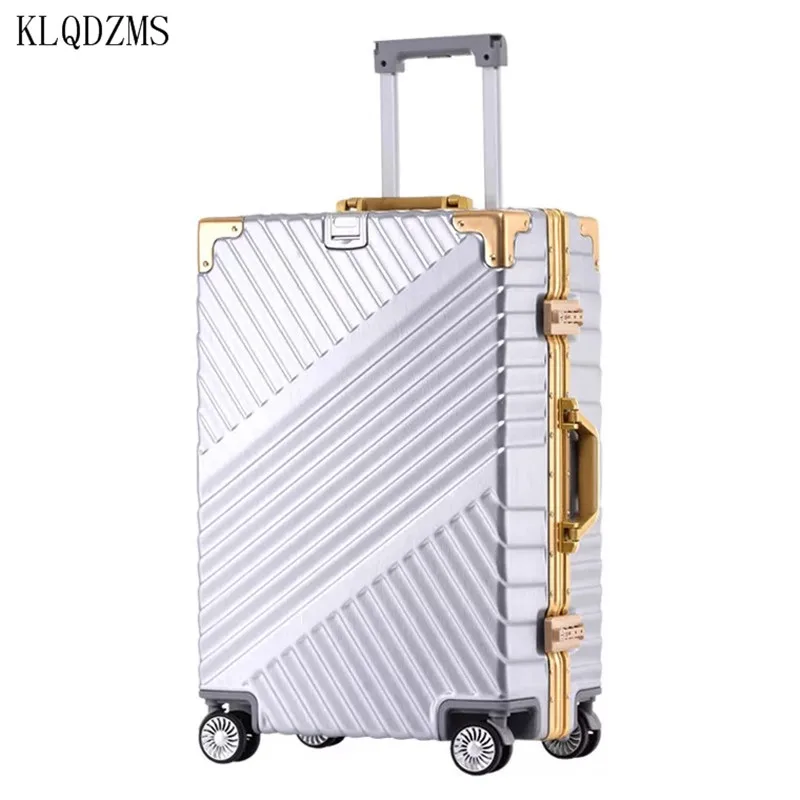 KLQDZMS High Quality Mute Universal Wheel Suitcase Retro Diagonal Stripe Aluminum Alloy Trolley Case Thickened Business Luggage
