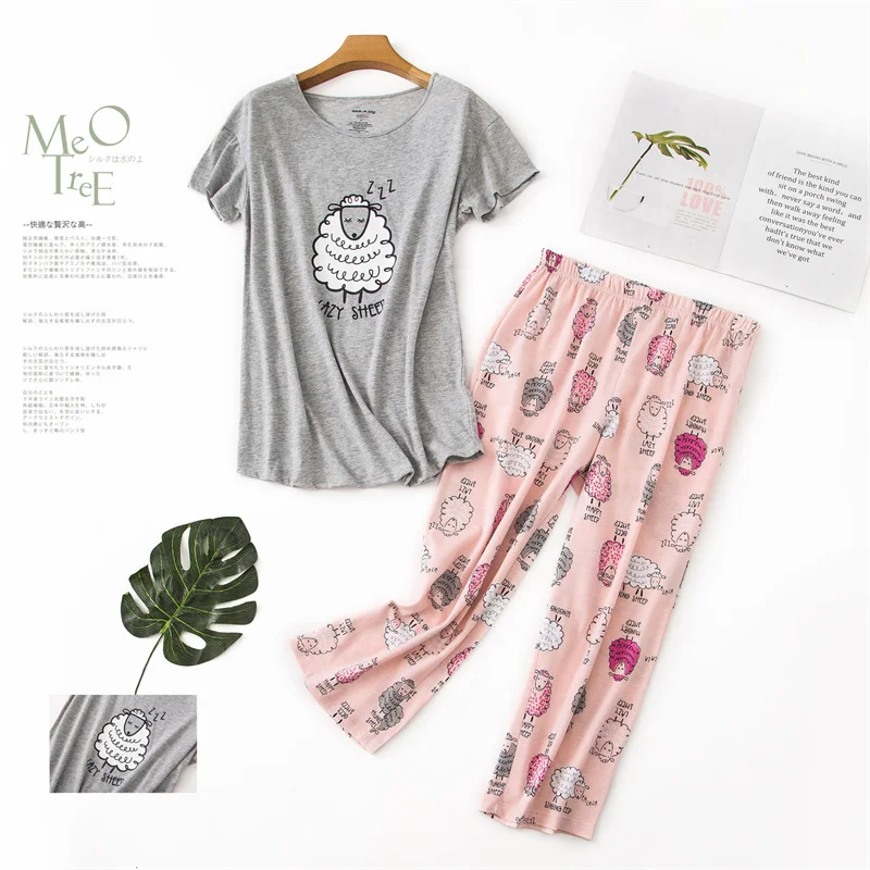 Women's Pajamas Set Cartoon Short Sleeve Summer Casual Pyjama Cozy Mom Femme Homewear Big Size