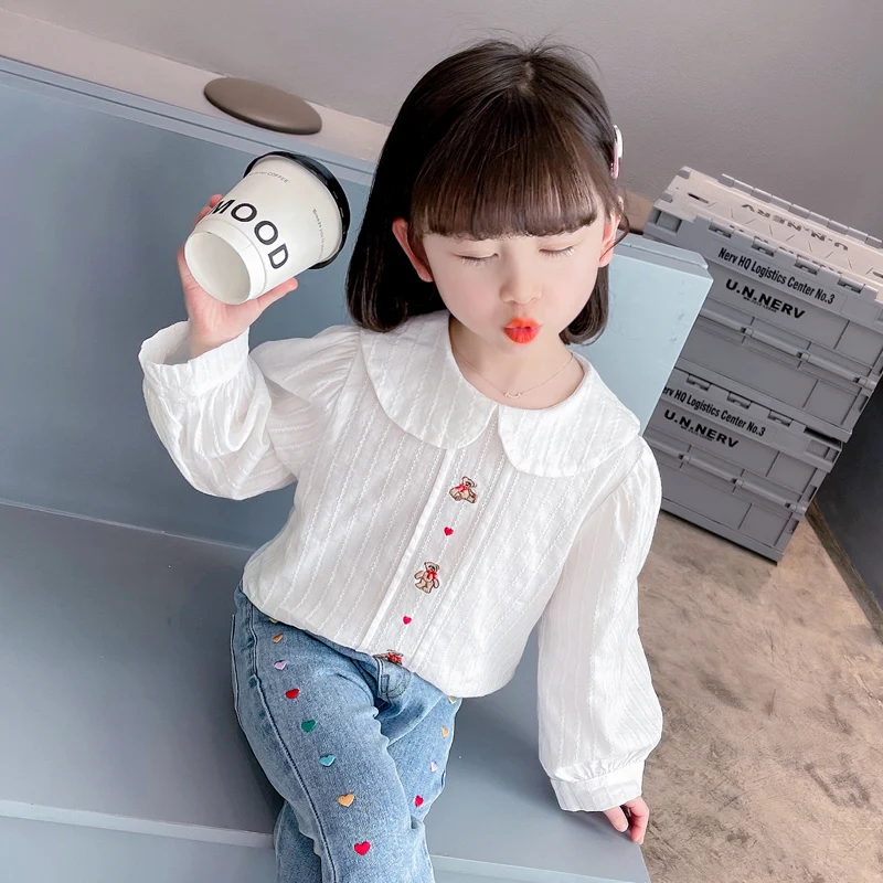 

Блузка для девочек с вышивкой, белая детская рубашка для девочек, Повседневная стильная новая весенняя Милая рубашка, одежда для девочек