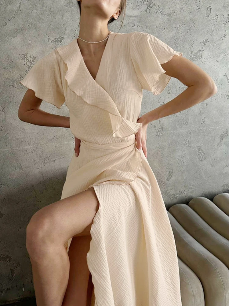 French V-neck Ruffled Slit Long Dress 2023 Summer Pure Cotton Casual Comfortable Short-sleeved Dress Women Fashion Dress