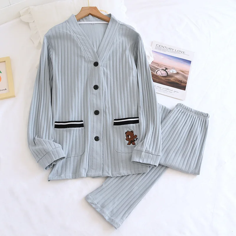 New spring and autumn couples V-neck 100% cotton pajamas long-sleeved trousers two-piece home service large size men and women
