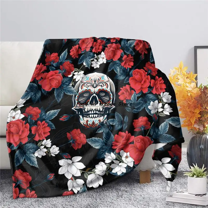 

Gothic Skulls Throw Blankets Rose Floral Printed Comfortable Fleece Blankets for Bedding Calaveras Flowers Design Cobertor
