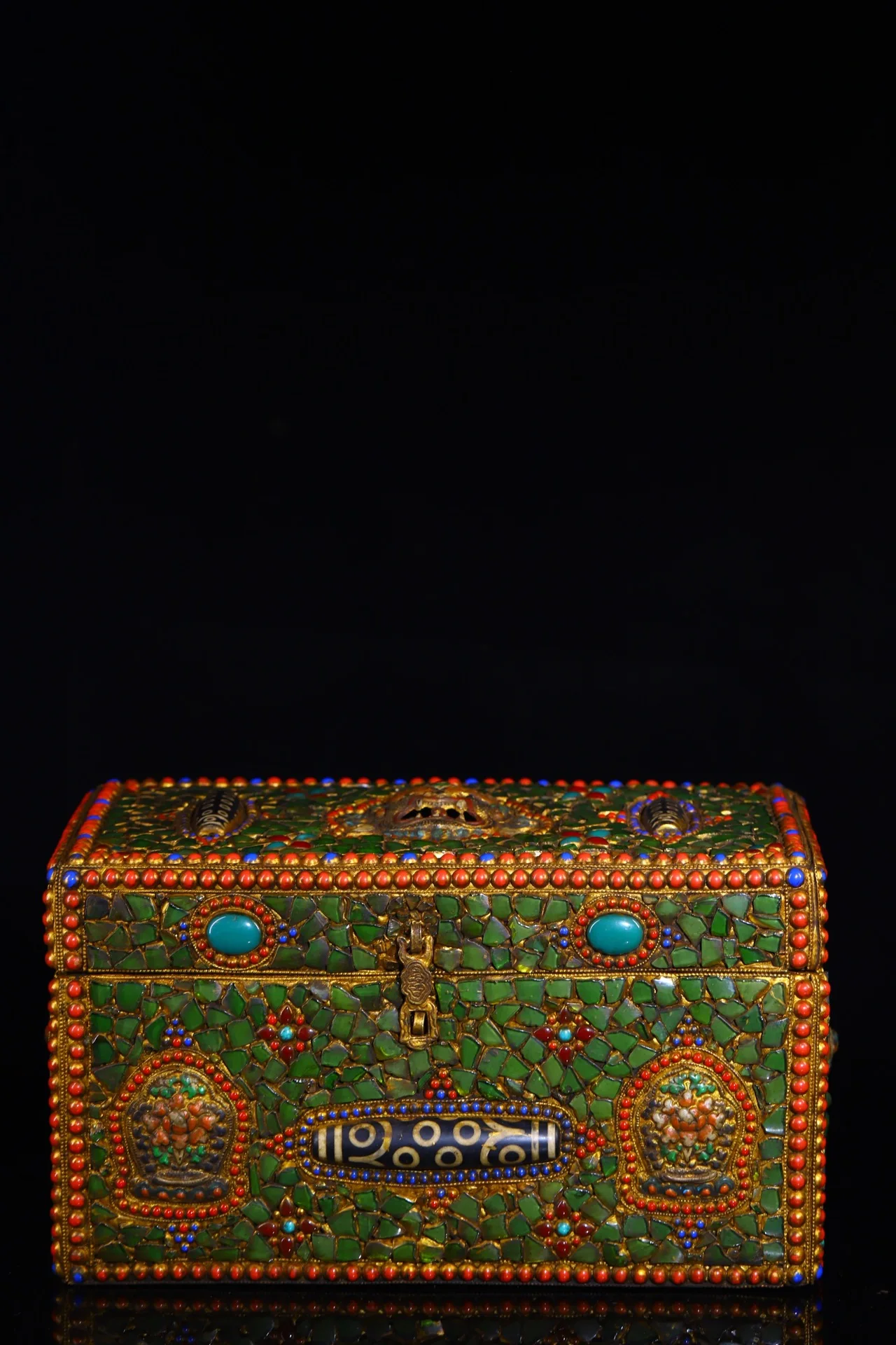 

12"Tibetan Temple Collection Old Bodhi root wood Mosaic Gem gZi Beads GARUDA Head Treasure Chest Storage Box Worship Hall
