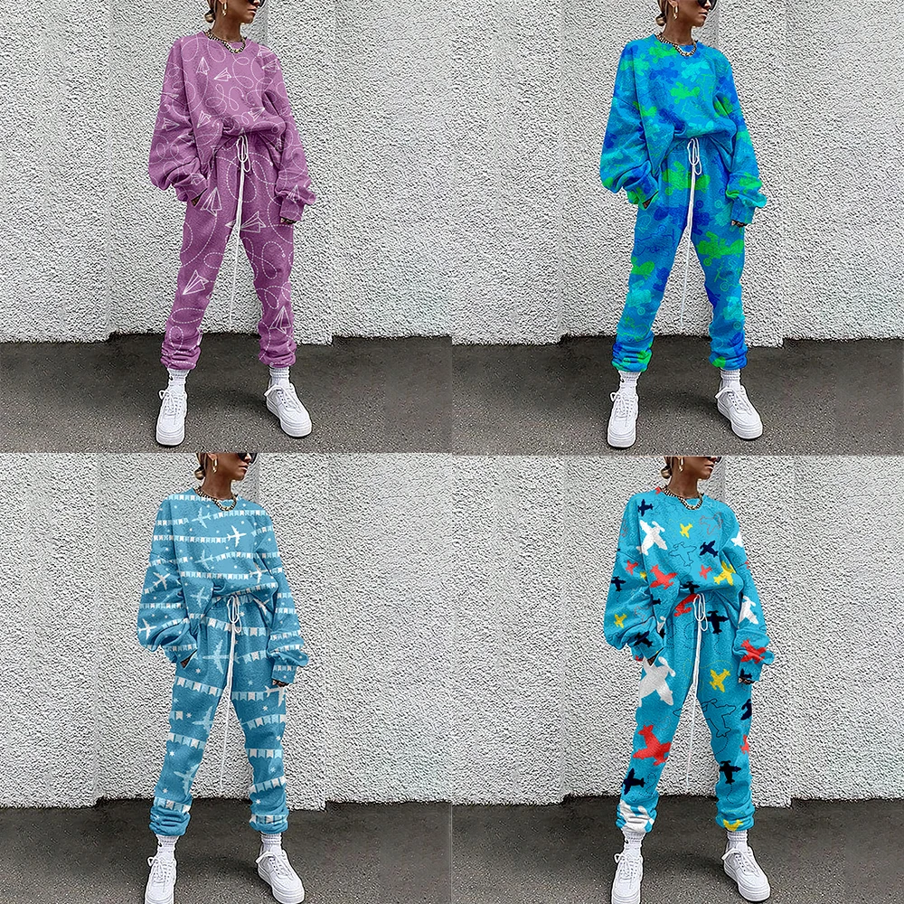 

Women's Sportswear Two-Piece Airplane Print Sportswear Casual Sweater + Pants Women's Sportswear