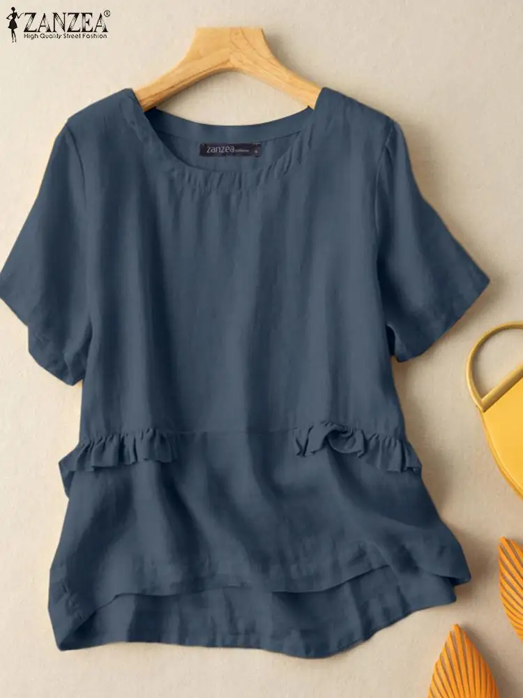

Женская летняя блузка ZANZEA с коротким рукавом 2022 рубашки с оборками в стиле пэчворк повседневные свободные топы футболки большие размеры ру...