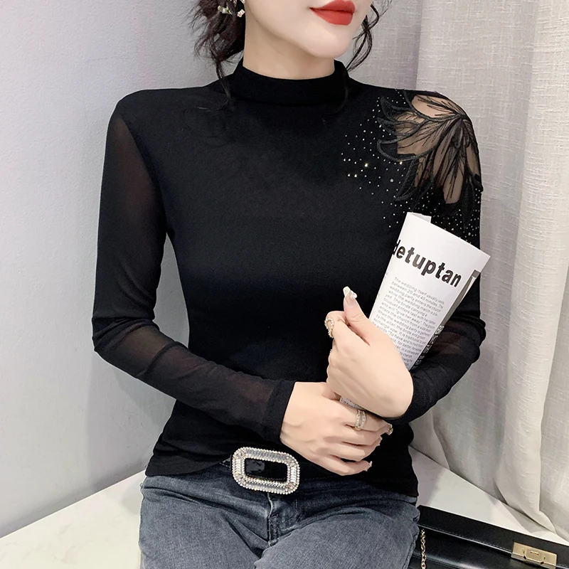 

Осенне-зимняя европейская одежда, Сетчатая футболка, шикарная пикантная водолазка в стиле пэчворк, женские топы с вышивкой и бриллиантами, ...