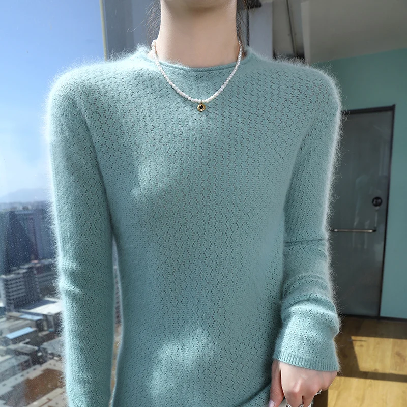 Женский кашемировый свитер однотонный вязаный с круглым вырезом и длинными