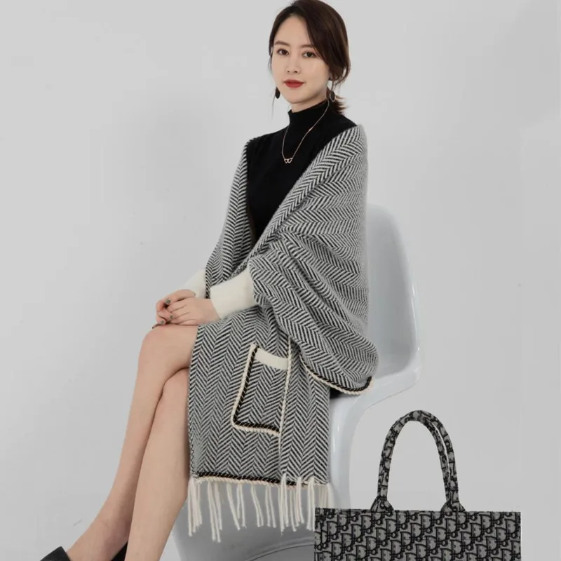 Вязаный свитер для женщин шаль модный кардиган с карманами и кисточками накидка