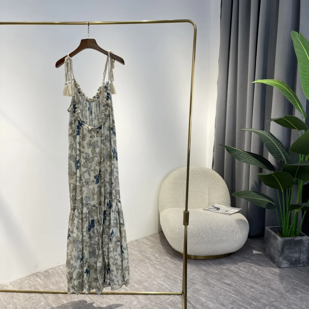 

Baroque Floral Print Midi Dresses with Tassel Orange Blue Beige 2022 Newest Summer Women Vintage High Quality Clothing