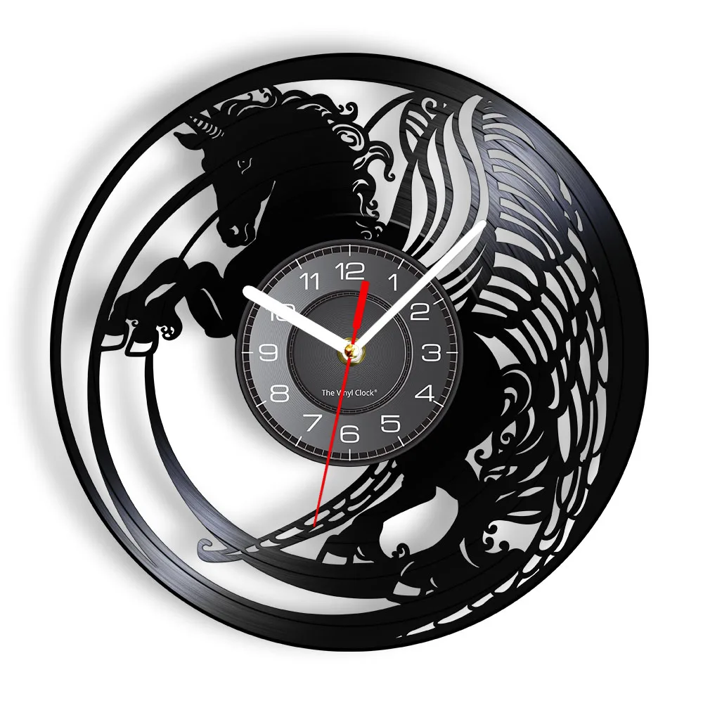 

Magical Unicorn Fantasy Vinyl Record Wall Clock For Girls Room Fly Horse Laser Cut Longplay Wall Clock Silent Non Ticking Watch