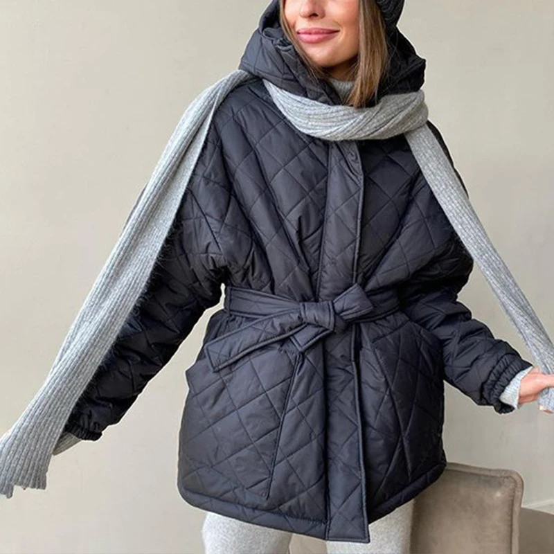 Women's Hooded Warm Parka Coat Winter Office Ladies Button Long Diamond Pattern Jackets Solid Color Casual Thick Cotton Jacket