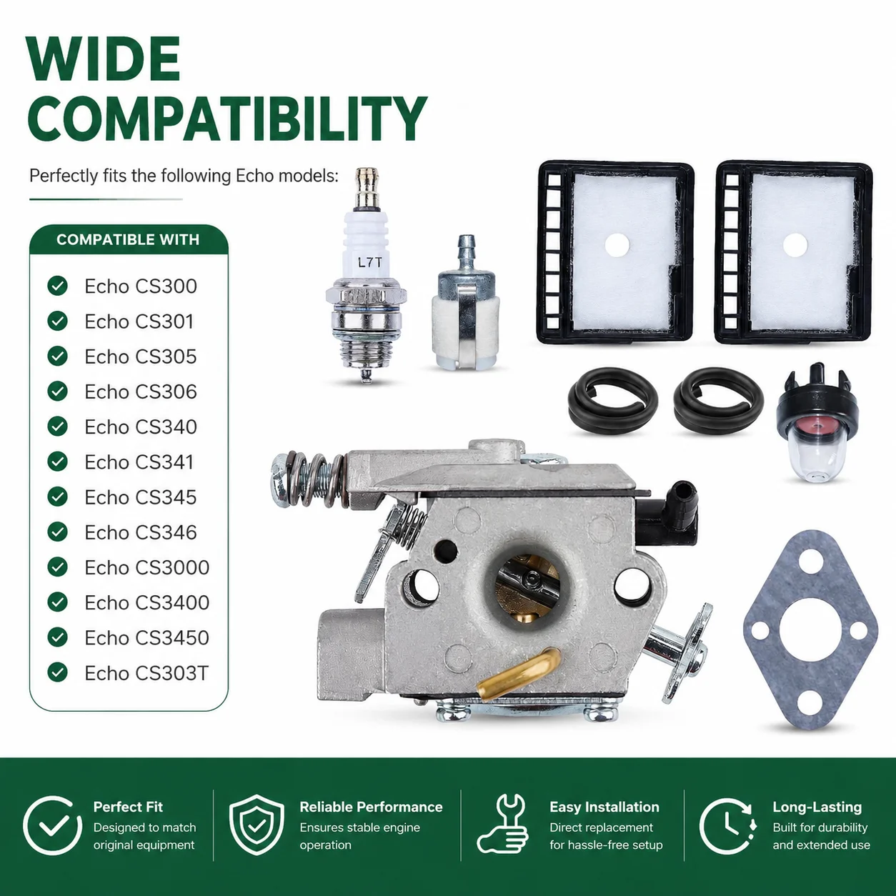 Фото Комплект карбюратора для бензопилы Echo CS3000 CS3400 CS3450 CS303T: воздушный фильтр, топливный фильтр, свеча зажигания, топливный шланг, приварочная груша WT-589 №3