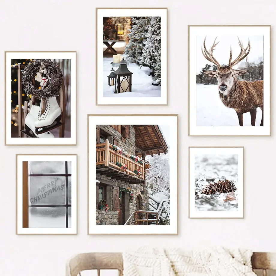 

Winter Forest Deer Christmas Pine Cone Tree Heart Wall Art Canvas Painting Nordic Posters Prints Pictures For Living Room Decor