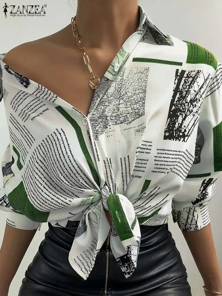 

Блузка ZANZEA женская с отложным воротником, повседневная офисная рубашка с длинным рукавом, с принтом в ретро стиле, весна-лето 2022