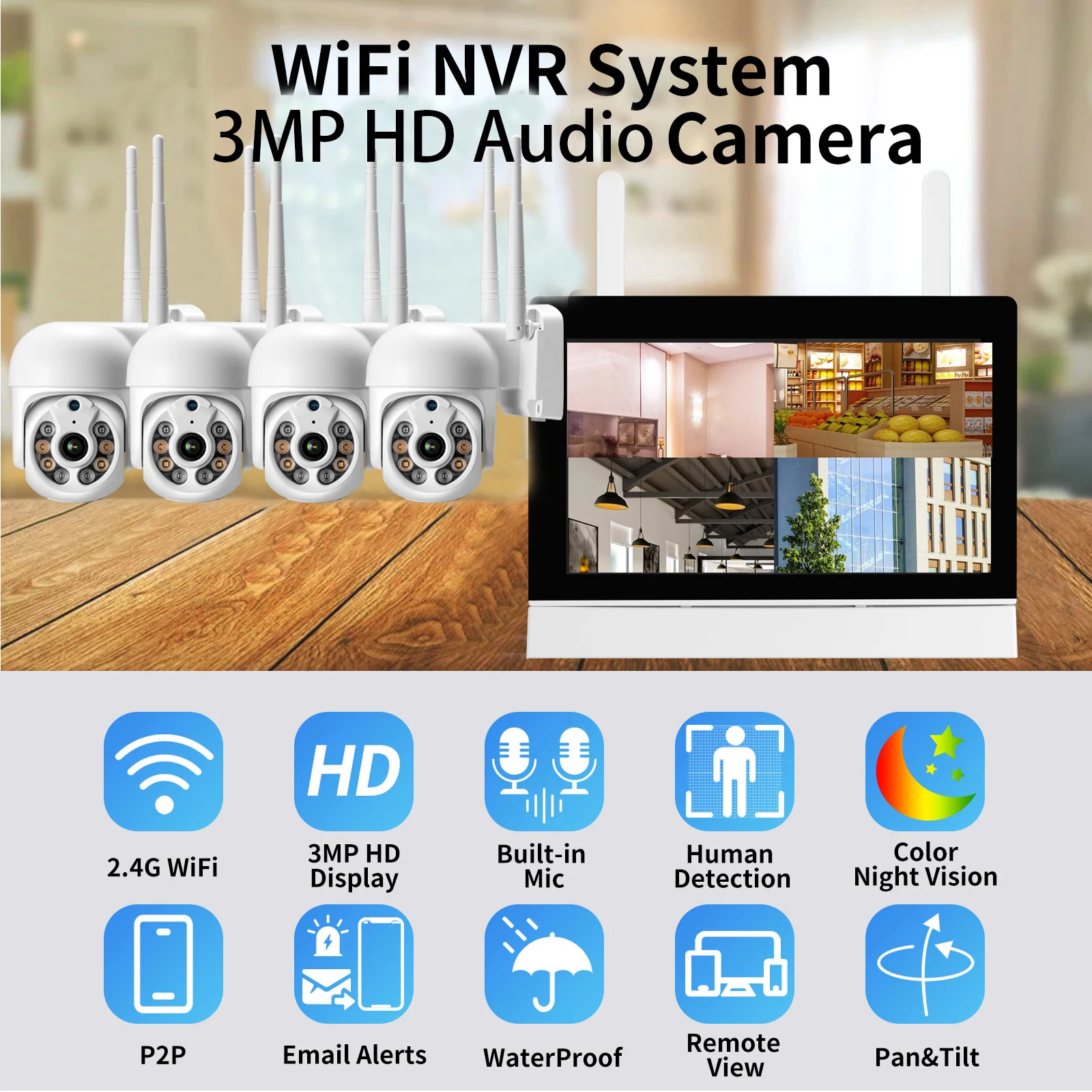 Камера видеонаблюдения AZISHN 4 канала Wi-Fi 7-дюймовый экран NVR PTZ 3 Мп |