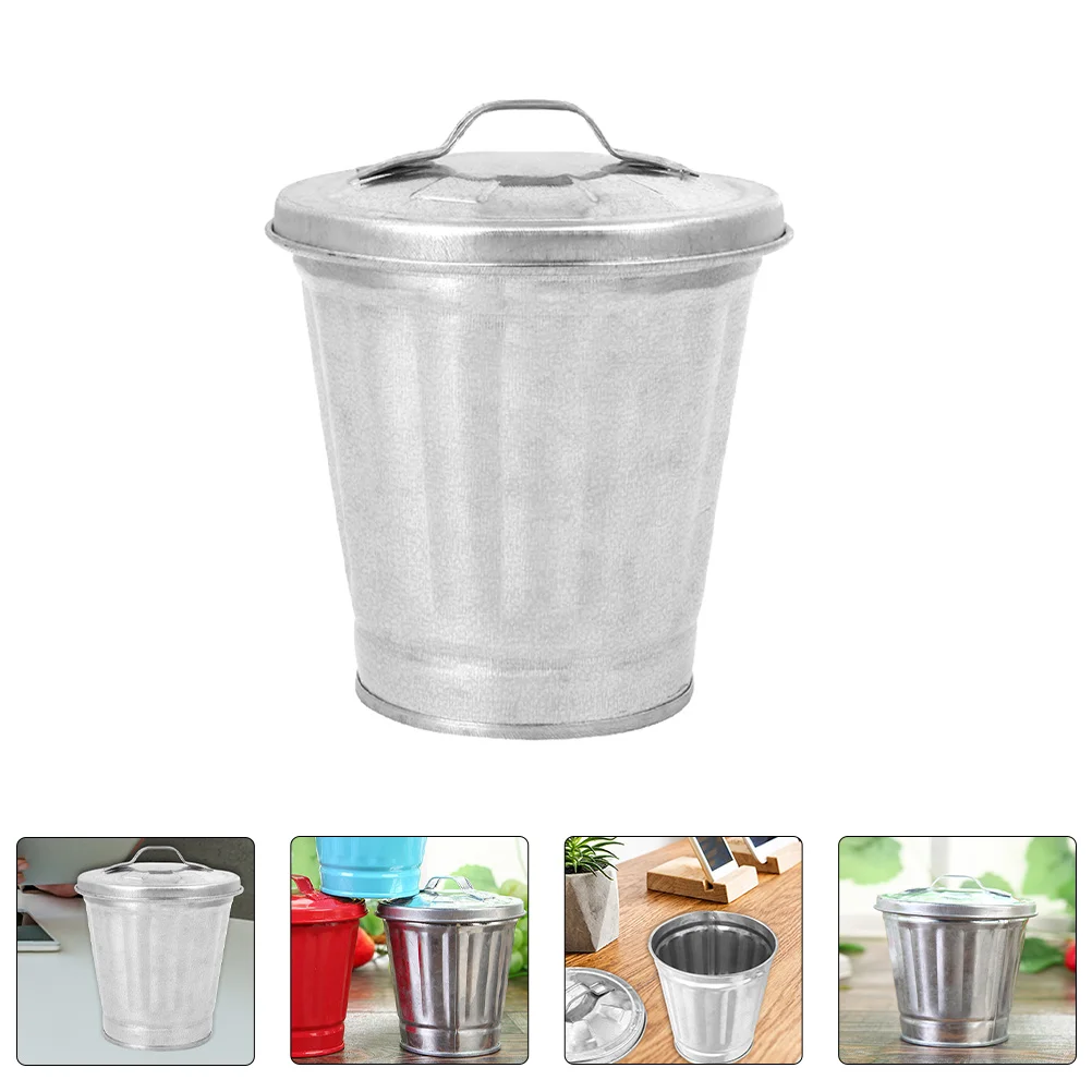 

Can Trash Garbage Lid Mini Metal Desktop Bin Waste Container Bucket Basket Flower Galvanized Wastebasket Pot Iron Tiny Kitchen