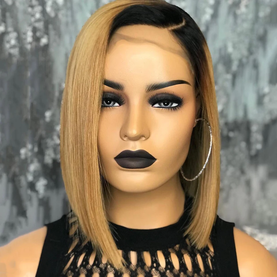 

Короткий прозрачный прямой парик из человеческих волос Боб 1B27 предварительно выщипанный блонд 13x4 HD кружевной передний парик для женщин детские волосы без клея