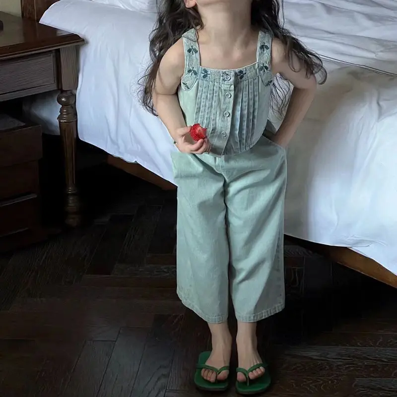 

2023 Children Sets Tops Underwaist Pullover Embroidery Pants Elastic Waist Loose Cotton Solid Designable Casual Fashion Girls