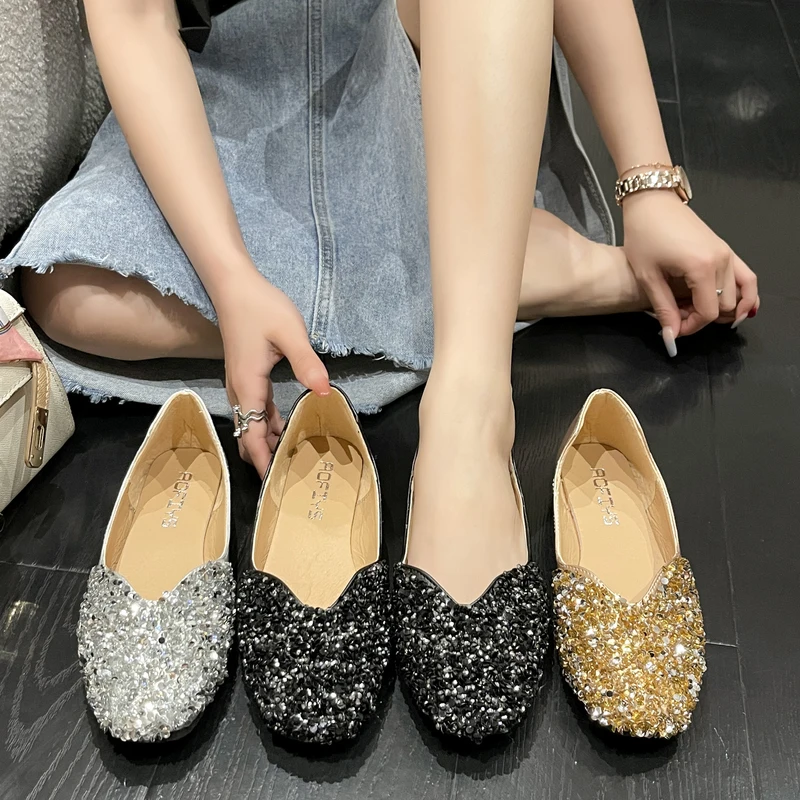 

Повседневные женские туфли с круглым носком и кристаллами, мягкая женская обувь без застежек с закрытым носком, универсальные осенние туфл...