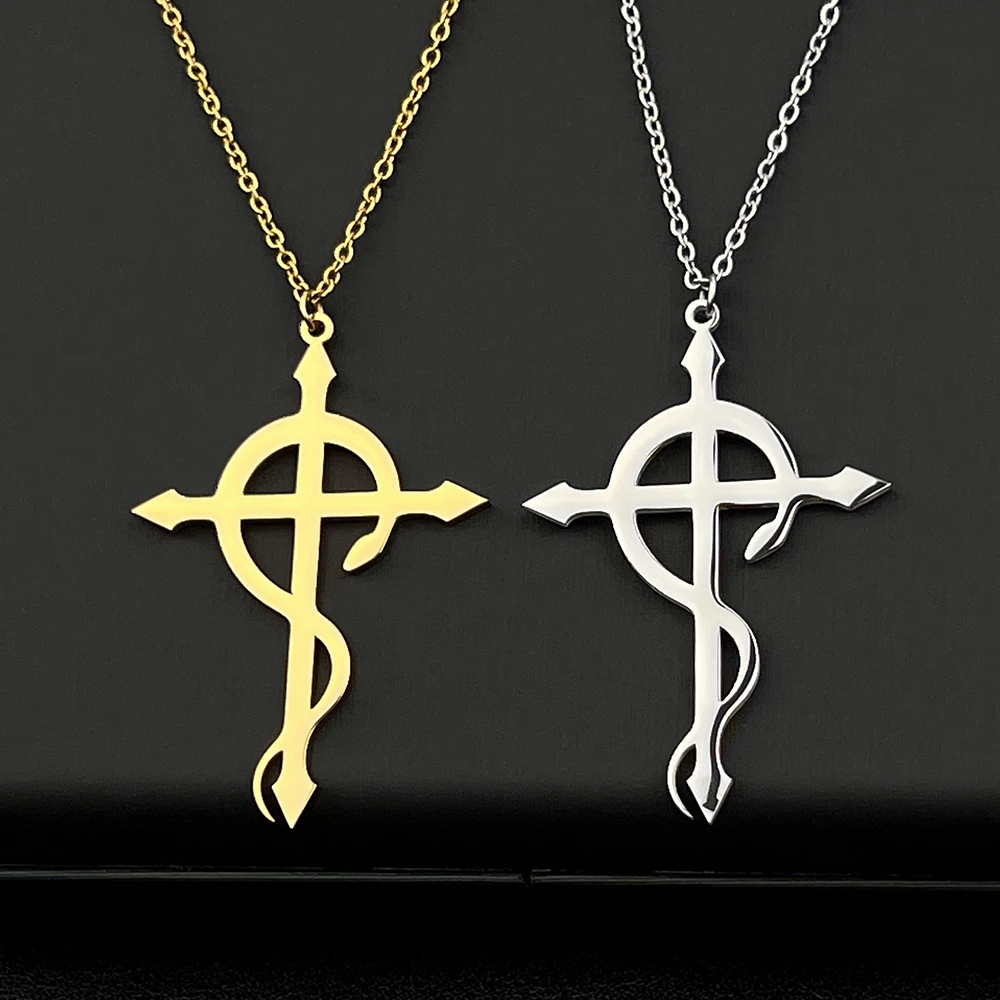 

Snake Staff Cross Charm Necklace for Mens Healing Pendant Stainless Steel Men Faith Women Amulet Gold Jewelry Gift Collar Chain