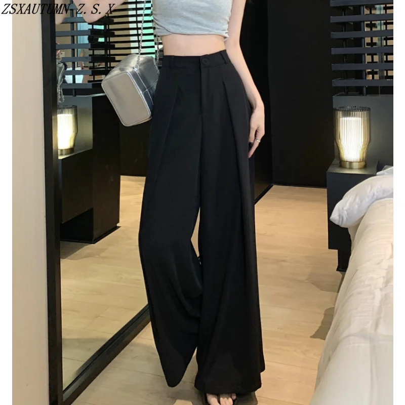 

Брюки женские с широкими штанинами, элегантные модные Универсальные узкие штаны с завышенной талией, свободные винтажные Слаксы в Корейском стиле, на лето