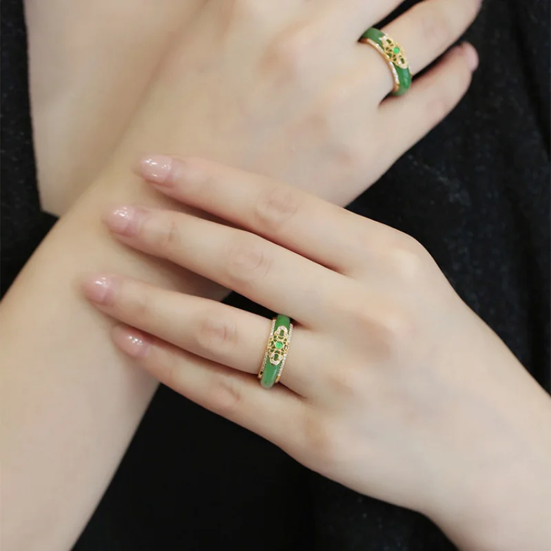 New in Natural Green Chalcedony Crystals Rings for Women Luxury Chinese Style Wedding Jewelry exquisite Detachable Gift