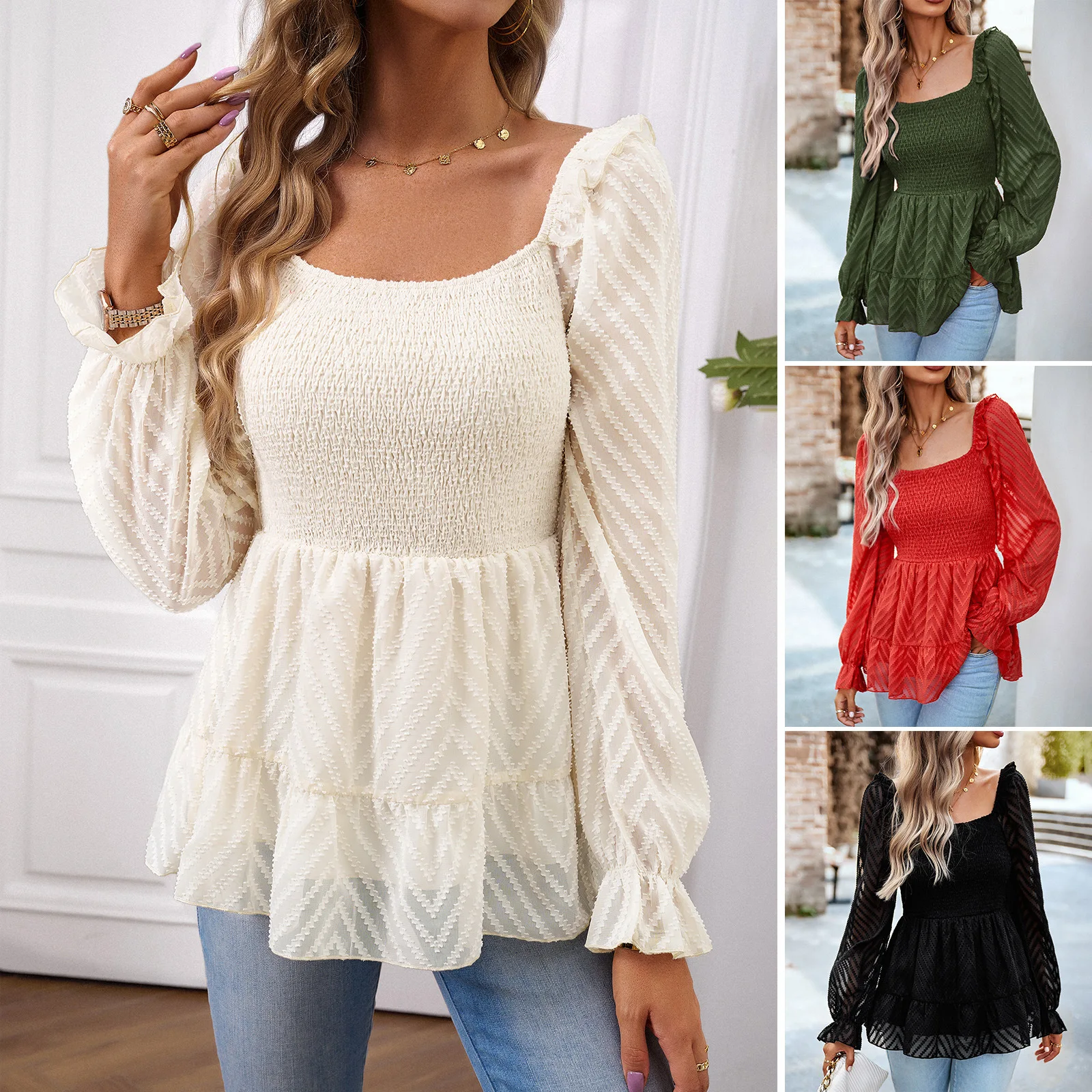 

Solid Color Shirt Women 2023 Autumn and Winter Foreign Trade Temperament Elegant Square Collar Long-sleeved Top