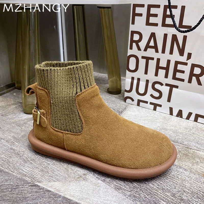 Женские замшевые ботильоны на плоской подошве вязаная обувь с пряжкой женские