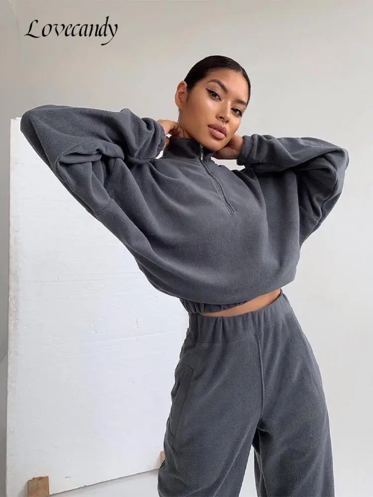 

Женский свитер на молнии, однотонный спортивный теплый флисовый бархатный костюм из двух предметов, домашний повседневный костюм