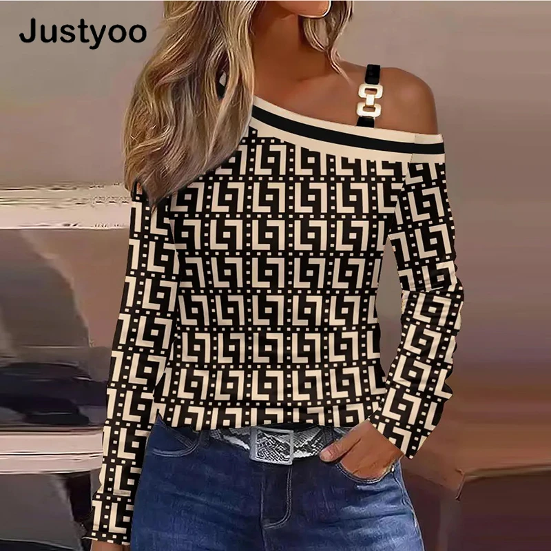 

New Sexy Spring Autumn Shirt Women Elegant Off Shoulder Long Sleeve Printing Blouses For Women Fashion Pullover Blouse 2023
