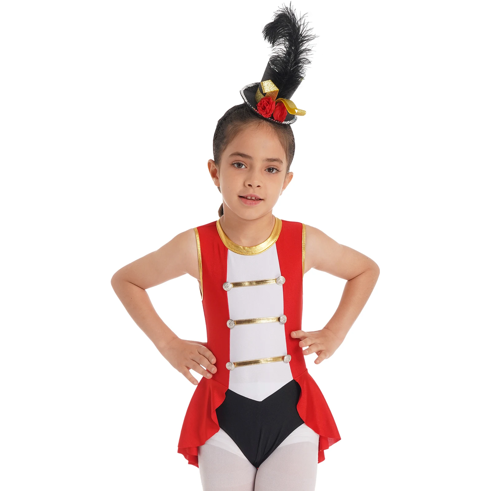 

Kids Girls Circus Cosplay Costume Sleeveless Back Hollow Out Vintage Buttons Adorned Color Contrast Jumpsuit for Children’s Day