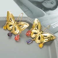 cute korean hollow gold butterfly dangle drop earrings for women girls geometric irregular metal crystals beads earrings jewelry