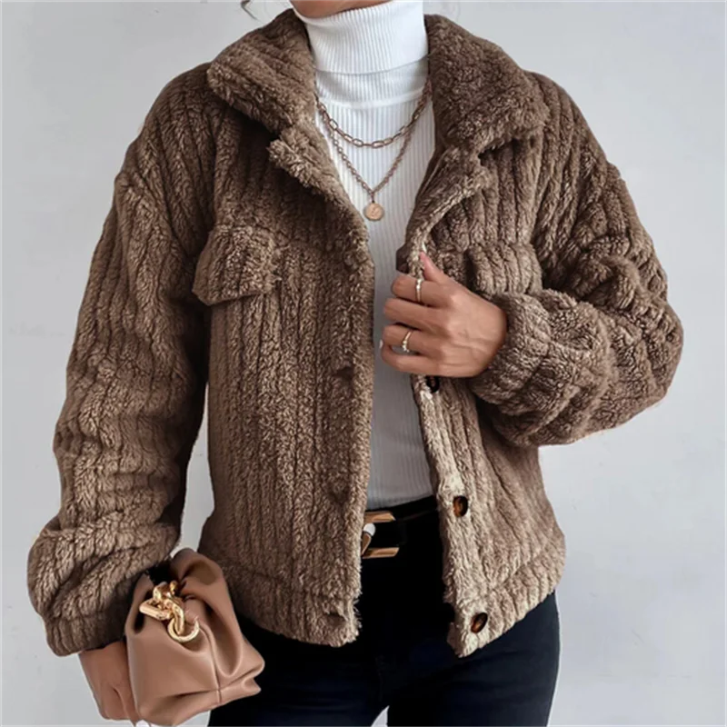 

Однобортное зимнее пальто, женская мягкая меховая куртка с отложным воротником, рубашка, темпераментная свободная плюшевая куртка с клапан...