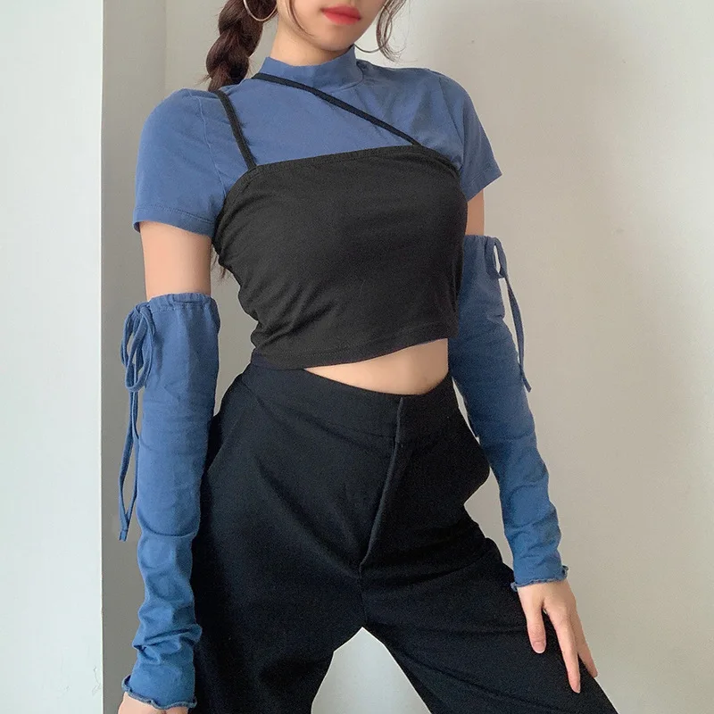 

New Solid Short-sleeved Lace-up Long-sleeved T-shirts Women 2023 Fall Fake Two-piece Blue Sexy Tops Female Patchwork Tshirt