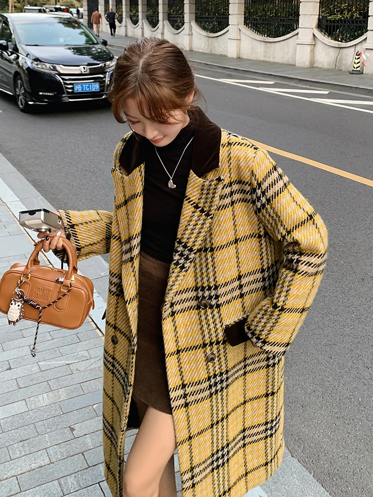 Super Nice Yellow Plaid Suit Woolen Thick Coat Women Autumn and Winter 2024 New Korean Series Mid-Length