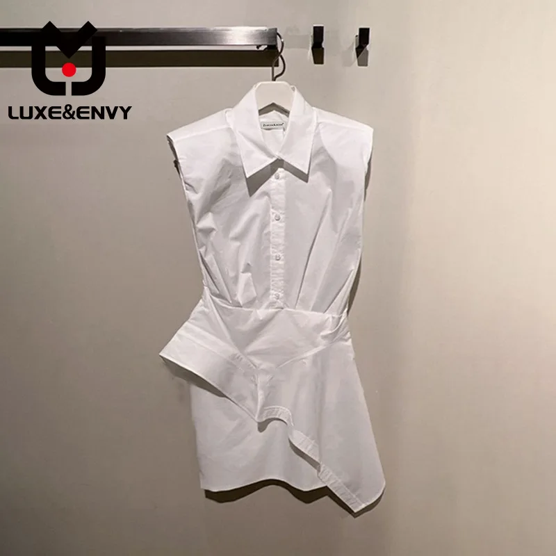 

Женское платье-рубашка без рукавов Люкс & ENVY, белое асимметричное платье с воротником-стойкой и подкладкой, короткая юбка, весна-лето 2023