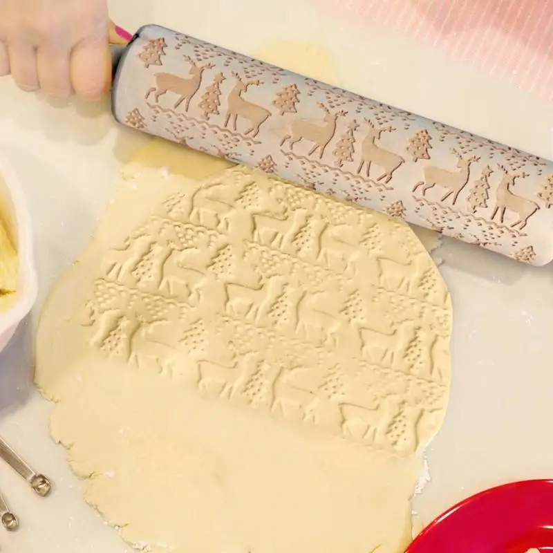 

Christmas Rolling Pin Laser Wooden Christmas Embossing Rolling Pin Dough Stick Baking Pastry Tool New Year Christmas Decoration