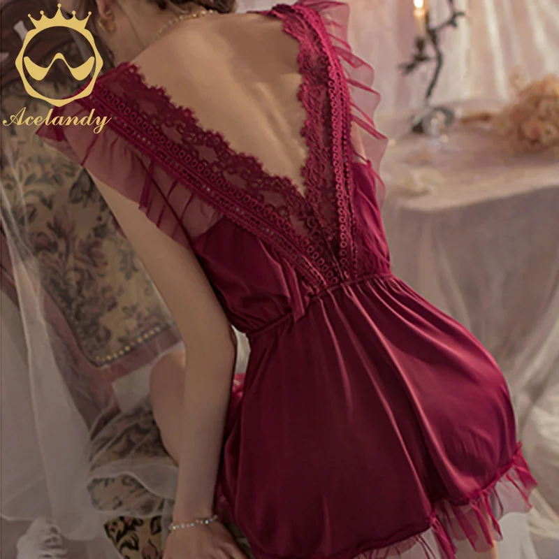 ACELANDY-Womens Sexy Sleepwear Deep V-Neck Nightdress Comfortable Casual Backless Nightgown Lace Pajama Bow Female Nightwear