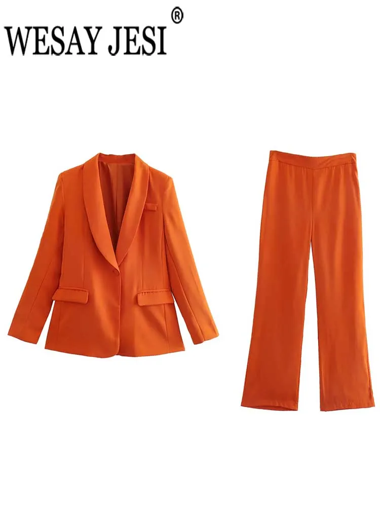 

WESAY JESI Новый повседневный комплект одежды унисекс ярко-оранжевый городской яркий элегантный тонкий женский комплект из топа и брюк