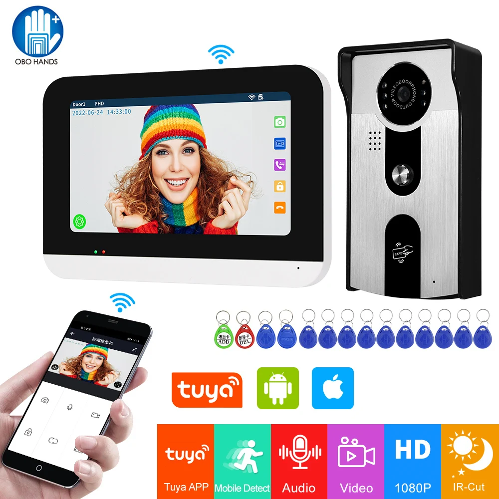 Home Visual Intercom System TUYA APP Remote Wireless WiFi Smart IP Video Doorbell 7 Inch Touch Monitor with 1080P Wired Doorbell