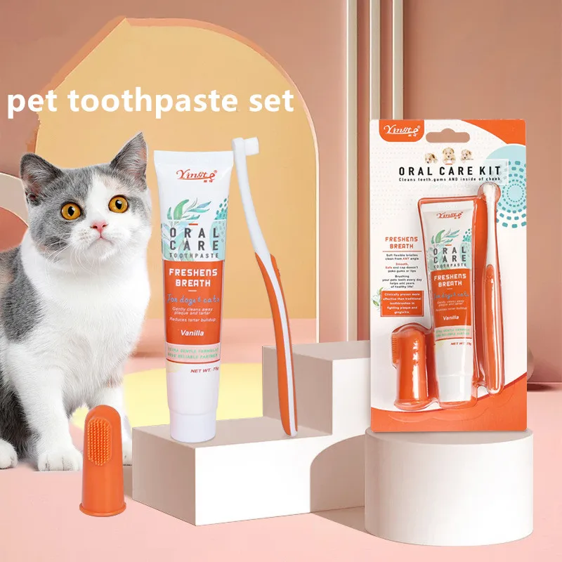 

Pet Teeth Mouth Clean Suit Cat Dog Toothbrush and Toothpaste Set Mouth Washing Tools Beef and Vanilla Flavors Finger Cuff Brush