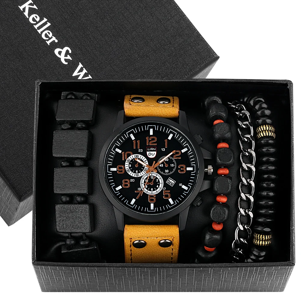 

Fahsion Casual Men Quartz Wristwatches Leather Male Watch with Bracelet for Men Luxury Gift Set for Boyfriend Relogio Masculino