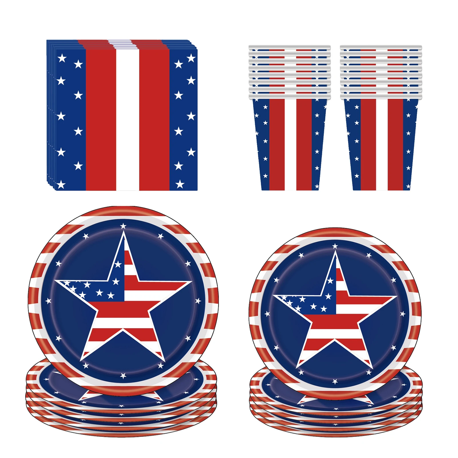 

64pcs American Flag Tableware Set 4th Of July Dinnerware Kit Patriotic Paper Plates And Napkins For Independence Day
