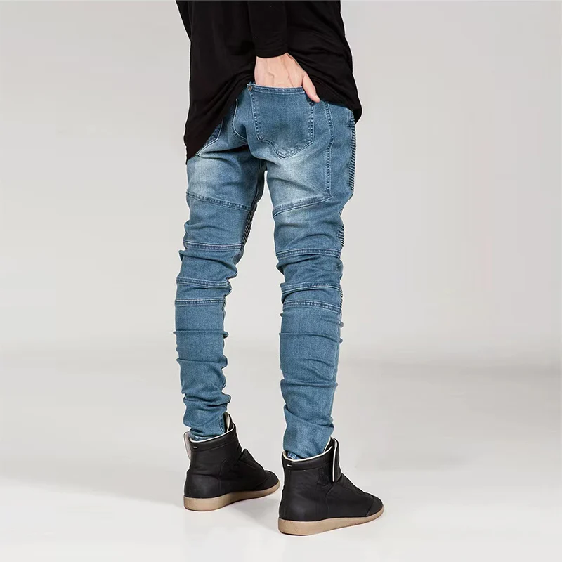 

Men's Stretch Motorcycle Skinny Jeans Hip-hop Blue Denim Pants Personality Pleated Stitching Feet Dance Pants