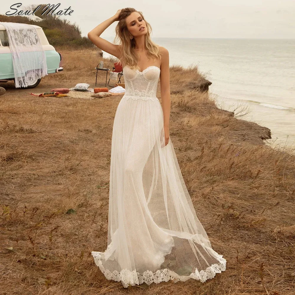 

Bohemia Chic A Line Wedding Dresses For Women Lace Beach Sweetheart Bridal Gown Strapless Backless Bride Robes Vestido De Noiva