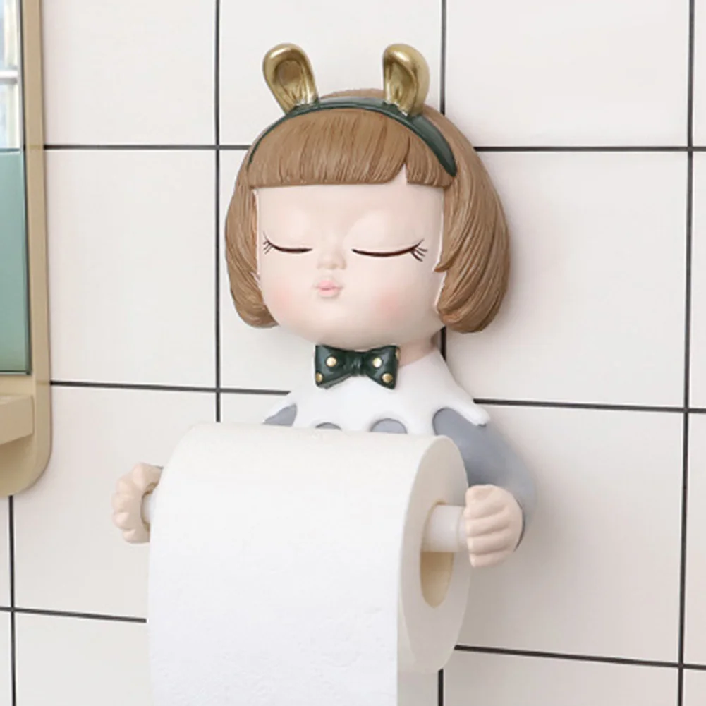

Cute Girl Roll Tissue Punch Free Toilet Paper Holder Hotel Wall Mounted Kitchen Resin Office Self Adhesive Storage Organizer