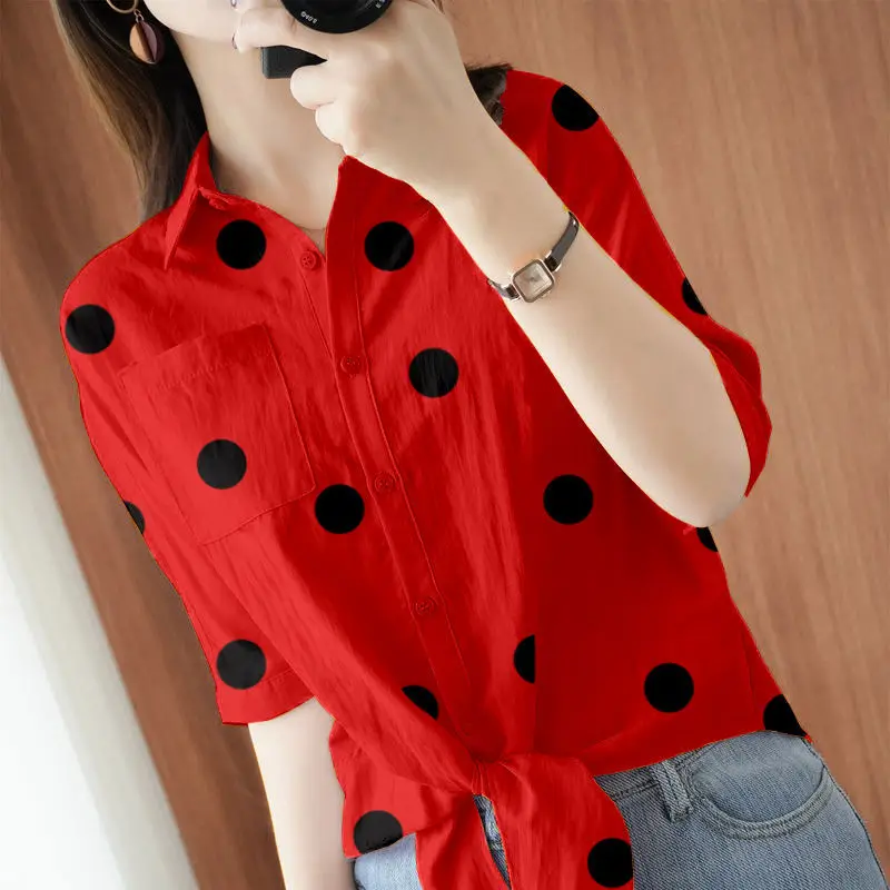

Oversized Vintage Printed Polka Dot Lapel Bandage Button Bow Chiffon Shirt Summer New Commute Tops Loose Casual Woman Blouses