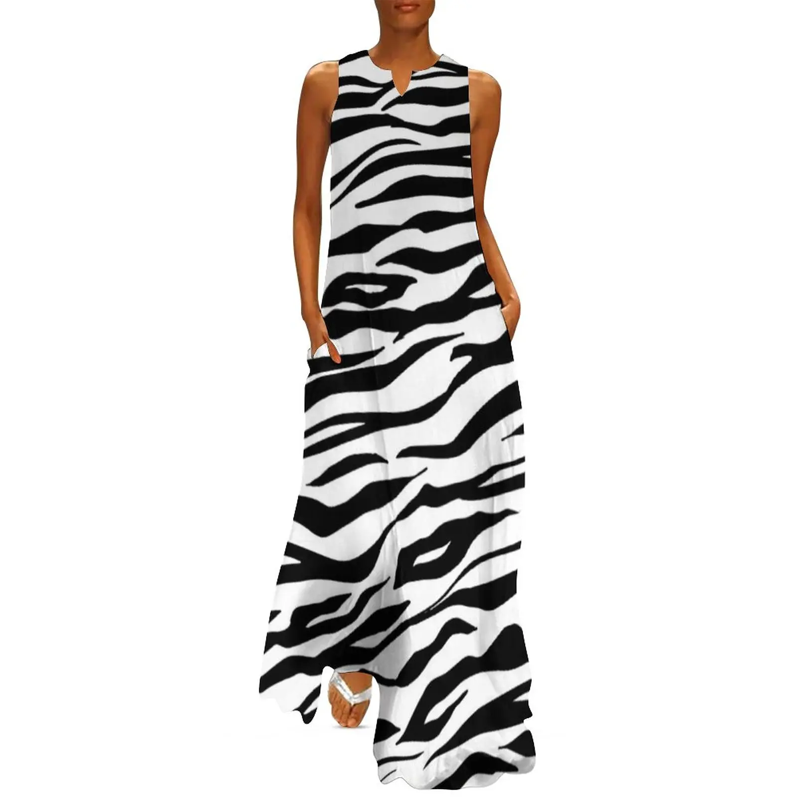 

Black White Tiger Print Dress Animal Fur Stripes Elegant Maxi Dress Street Wear Casual Long Dresses V Neck Oversize Vestidos